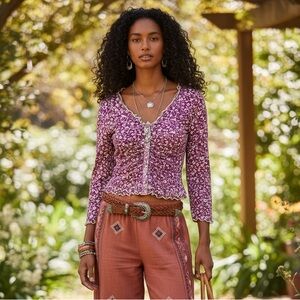 Free People Floral Mesh Button-Front Lettuce Edge Hem Blouse NWT